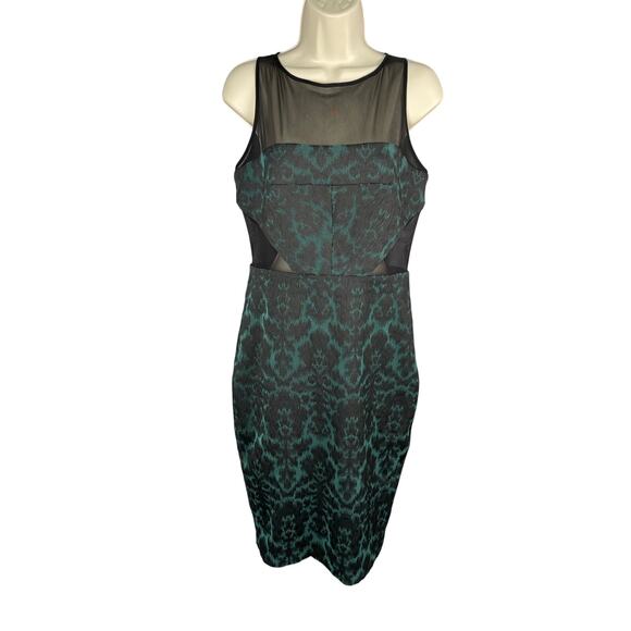 Badgley Mischka Dresses & Skirts - Badgley Mischka Dress 6 Green Black Damask Illusion Neck Sides Sheath Cocktail